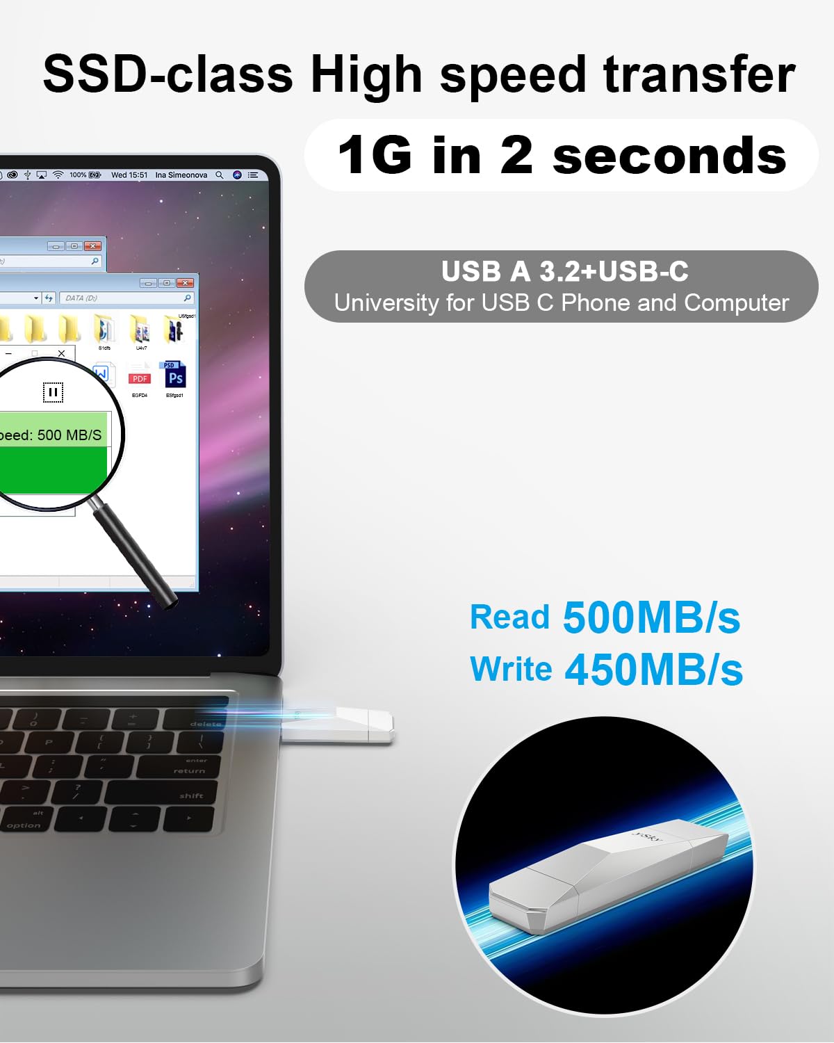 Ysky 256Gb Usb 3.2 Ssd Solid State Flash Drive,500Mb/S High Speed 2 In 1 Usb C+ Usb A 3.2 Gen2 Thumb Drive, Otg Photo Stick For